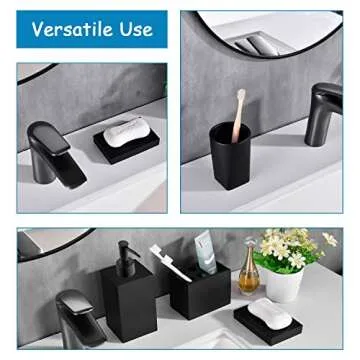 Jincrop 5-Piece Bathroom Accessory Set Matte Black, Modern Design Decorative Bathroom Accessory Set, Including a Soap Dispenser, Two Tumbler Bathroom Cups, a Soap Dish and a Toothbrush Holder
