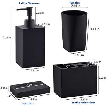 Jincrop 5-Piece Bathroom Accessory Set Matte Black, Modern Design Decorative Bathroom Accessory Set, Including a Soap Dispenser, Two Tumbler Bathroom Cups, a Soap Dish and a Toothbrush Holder