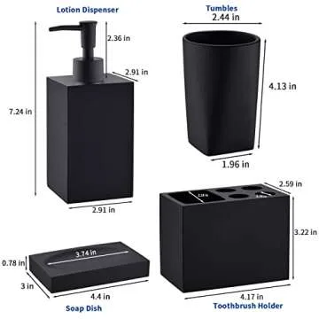 Jincrop 5-Piece Bathroom Accessory Set Matte Black, Modern Design Decorative Bathroom Accessory Set, Including a Soap Dispenser, Two Tumbler Bathroom Cups, a Soap Dish and a Toothbrush Holder