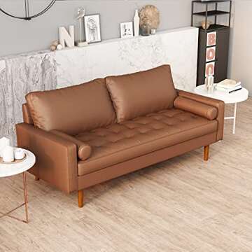 Pannow Mid-Century Modern Vegan Leather Tufted Sofa Couch, 69.68” PVC Square Arm Loveseat Sofa with Toss Pillows, Solid Wood Frame, Easy Assembly for Small Apartment Living Room Teenagers Guest Room