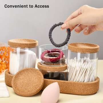 DAPOWER 4 Pack Qtip Holder Vanity Storage Canister for Cotton Ball Cotton Swab Pads Floss, 15-Ounce Clear Glass Apothecary Jar with Lid and Tray, Bathroom Organizer and Storage (4 pack set with tray)