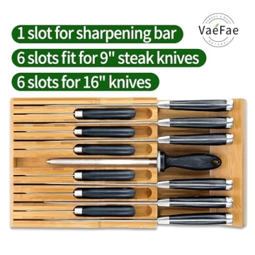 VaeFae Bamboo Knife Drawer Organizer for 12 Knives with Sharpener Slot
