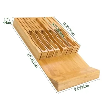 VaeFae Bamboo Knife Drawer Organizer for 12 Knives with Sharpener Slot