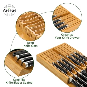VaeFae Bamboo Knife Drawer Organizer for 12 Knives with Sharpener Slot