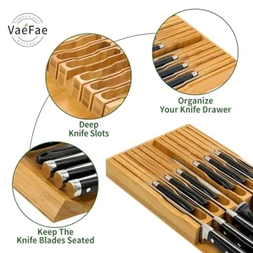 VaeFae Bamboo Knife Drawer Organizer for 12 Knives with Sharpener Slot