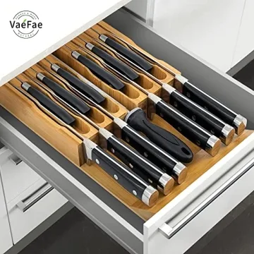 VaeFae Bamboo Knife Drawer Organizer for 12 Knives with Sharpener Slot