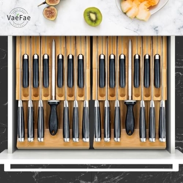 VaeFae Bamboo Knife Drawer Organizer for 12 Knives with Sharpener Slot