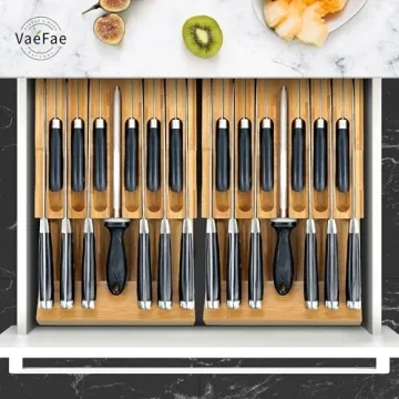 VaeFae Bamboo Knife Drawer Organizer for 12 Knives with Sharpener Slot