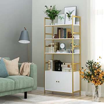 FINETONES Bookshelf with 2 Cabinets, 71" White and Gold Bookshelf with Doors and Metal Frame, Free Standing Bookshelf Cabinet Display Storage Rack Shelves for Bedroom Living Room Office