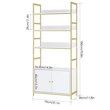 FINETONES Bookshelf with 2 Cabinets, 71" White and Gold Bookshelf with Doors and Metal Frame, Free Standing Bookshelf Cabinet Display Storage Rack Shelves for Bedroom Living Room Office