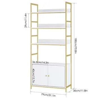 FINETONES Bookshelf with 2 Cabinets, 71" White and Gold Bookshelf with Doors and Metal Frame, Free Standing Bookshelf Cabinet Display Storage Rack Shelves for Bedroom Living Room Office
