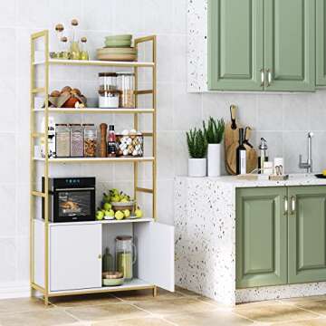 FINETONES Bookshelf with 2 Cabinets, 71" White and Gold Bookshelf with Doors and Metal Frame, Free Standing Bookshelf Cabinet Display Storage Rack Shelves for Bedroom Living Room Office