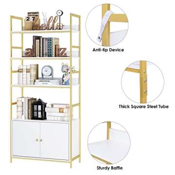 FINETONES Bookshelf with 2 Cabinets, 71" White and Gold Bookshelf with Doors and Metal Frame, Free Standing Bookshelf Cabinet Display Storage Rack Shelves for Bedroom Living Room Office
