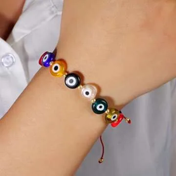 BXDA Evil Eye Colorful Beads Bracelet for Women, Boho Handmade Adjustable Rainbow Beaded Red Rope Br...