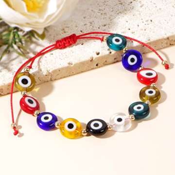BXDA Evil Eye Colorful Beads Bracelet for Women, Boho Handmade Adjustable Rainbow Beaded Red Rope Bracelets Summer Beach Jewelry Gift.