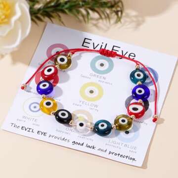 BXDA Evil Eye Colorful Beads Bracelet for Women, Boho Handmade Adjustable Rainbow Beaded Red Rope Bracelets Summer Beach Jewelry Gift.
