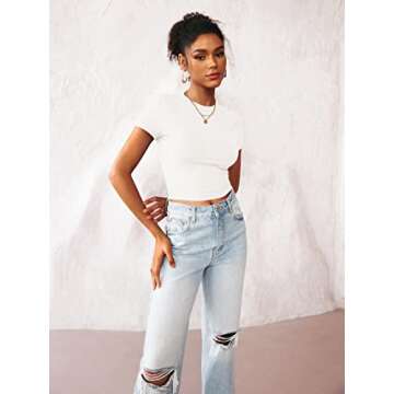 TECREW Womens Summer Short Sleeve Cute Crop Tops Casual Basic Crewneck Slim Fit T-Shirts, White, Medium