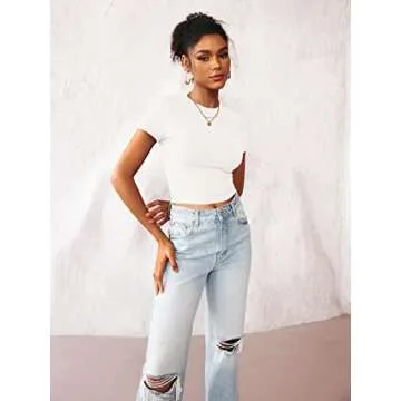 TECREW Womens Summer Short Sleeve Cute Crop Tops Casual Basic Crewneck Slim Fit T-Shirts, White, Medium