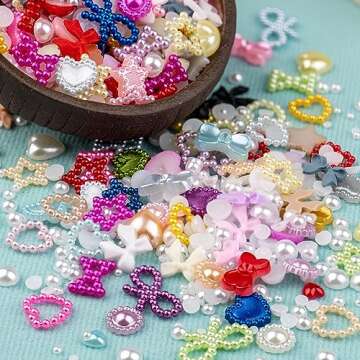 600Pcs 3D Multi Shapes Nail Charms and Flatback Pearls, Colorful&White Mix Styles Heart Star Bow Sun...