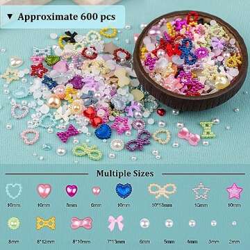 600Pcs 3D Multi Shapes Nail Charms and Flatback Pearls, Colorful&White Mix Styles Heart Star Bow Sunflower Embellishments for Nail Art, Craft and Decoration with Tweezer and Pickup Pencil