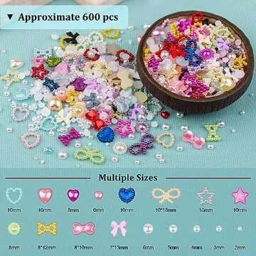 600Pcs 3D Multi Shapes Nail Charms and Flatback Pearls, Colorful&White Mix Styles Heart Star Bow Sunflower Embellishments for Nail Art, Craft and Decoration with Tweezer and Pickup Pencil