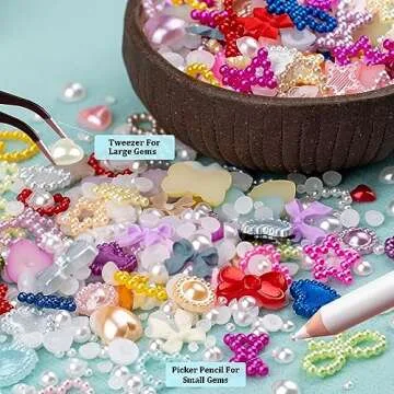 600Pcs 3D Multi Shapes Nail Charms and Flatback Pearls, Colorful&White Mix Styles Heart Star Bow Sunflower Embellishments for Nail Art, Craft and Decoration with Tweezer and Pickup Pencil