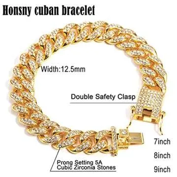 Honsny Cuban Link Bracelet for Men Women 13mm Iced Out Cuban Bracelet 18k Gold Plated CZ Diamond Cuban Link Chain Bling Miami Bangle Hip Hop Bracelet Jewelry for Men Women