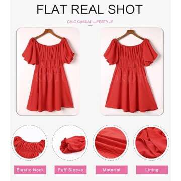 Dokotoo Off Shoulder Summer Dress for Women Short Lantern Sleeve Ruffle A-Line Red Dresses Casual Elastic Waist Mini Dress Medium