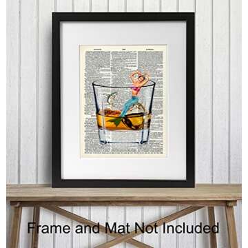 Bar Man Cave Mermaid Decor - Scotch Whiskey Wall Art - Fish Wall Decor for Men, Guys - Funny Alcohol Drinking Print - 8x10 Dictionary Art Picture Poster - Home Office Artwork