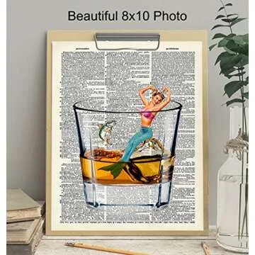Bar Man Cave Mermaid Decor - Scotch Whiskey Wall Art - Fish Wall Decor for Men, Guys - Funny Alcohol Drinking Print - 8x10 Dictionary Art Picture Poster - Home Office Artwork