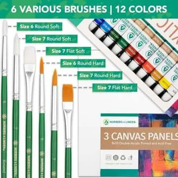 Acrylic Paint Set - 12 Colors, Brushes & Canvas Panels