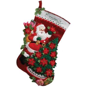 Bucilla 18-Inch Christmas Stocking Felt Applique Kit, Santa Poinsettia Tree