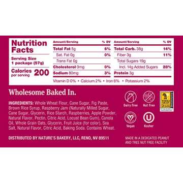 Nature’s Bakery Whole Wheat Fig Bars, Raspberry, Real Fruit, Vegan, Non-GMO, Snack bar, 6 Count (Pack of 6)