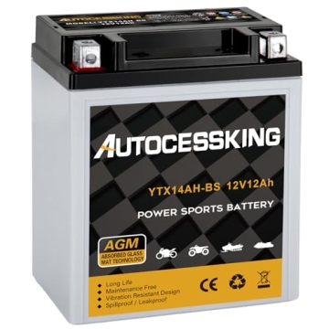 Autocessking YTX14AH-BS 12V 12Ah Maintenance-Free AGM Battery for Powersport Vehicles