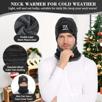 Fantastic Zone 2-Pieces Winter Beanie Hat Scarf Set Warm Knit Hat Thick Fleece Lined Winter Hat and Scarf For Men Women,Black-2,One Size
