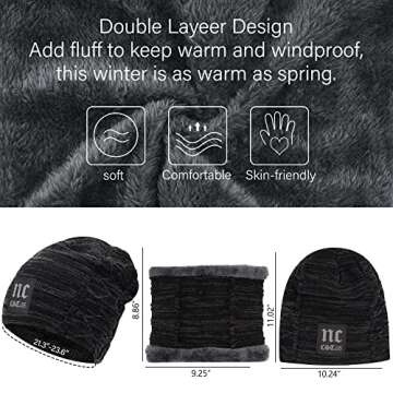 Fantastic Zone 2-Pieces Winter Beanie Hat Scarf Set Warm Knit Hat Thick Fleece Lined Winter Hat and Scarf For Men Women,Black-2,One Size