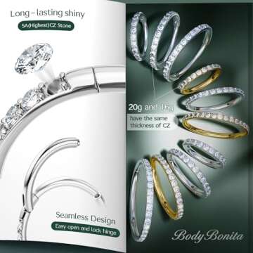 BodyBonita G23 Titanium CZ Nose Rings Hoops - Silver 20G Septum Rings Nose Hoop Clicker Cartilage Earring for Women Helix Rook Tragus Conch Piercing Jewelry Lobe Daith Snug Ring 8 mm