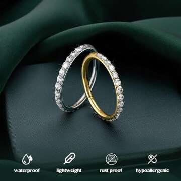 BodyBonita G23 Titanium CZ Nose Rings Hoops - Silver 20G Septum Rings Nose Hoop Clicker Cartilage Earring for Women Helix Rook Tragus Conch Piercing Jewelry Lobe Daith Snug Ring 8 mm