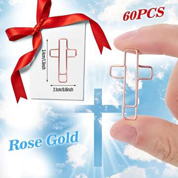 60 PCS Rose Gold Paper Clips Cross Shape, Metal Paper Clamps Office Paperclips for Document Files and Organizing, Bible Accessories, Christian Bookmark Gifts for Women Men Coworkers Teachers