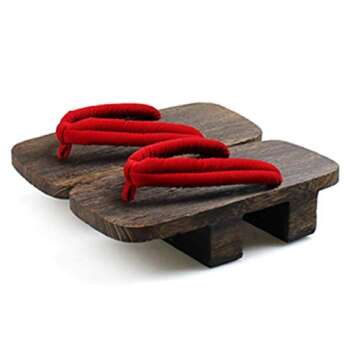 ShonanH womens Japanese Traditional Geta Wooden Slippers, Red/Dark Brown, 9.5-10.5