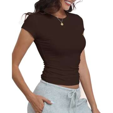 GEMBERA Womens' Stretchy High Neck Short Sleeve Gym Workout Slim Fitted Casual Basic Top T-Shirt (3986, Brown, M)