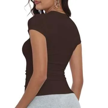 GEMBERA Womens' Stretchy High Neck Short Sleeve Gym Workout Slim Fitted Casual Basic Top T-Shirt (3986, Brown, M)