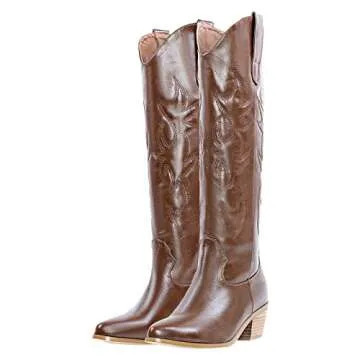 LISHAN Women's Western Boots Cowboy Cowgirl Embroidered Pull On Boots Ankle Boots Pointed Toe Booties Stacked Block Heel Comfortable Fashion Fashionable Daily Shoes Dark Brown Size 8