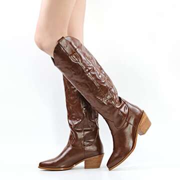LISHAN Women's Western Boots Cowboy Cowgirl Embroidered Pull On Boots Ankle Boots Pointed Toe Booties Stacked Block Heel Comfortable Fashion Fashionable Daily Shoes Dark Brown Size 8