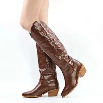 LISHAN Women's Western Boots Cowboy Cowgirl Embroidered Pull On Boots Ankle Boots Pointed Toe Booties Stacked Block Heel Comfortable Fashion Fashionable Daily Shoes Dark Brown Size 8