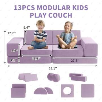 Kids Couch, 12PCS Fold Out Toddler Couch with 2 Balls and Tunnel, Modular Kids Couch for Playroom, K...