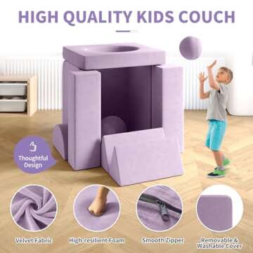 Kids Couch, 12PCS Fold Out Toddler Couch with 2 Balls and Tunnel, Modular Kids Couch for Playroom, Kids Play Couch for Kickball Game, Pitching Game, 30+ Creative Gameplay Couch for Kids (Blueberry)