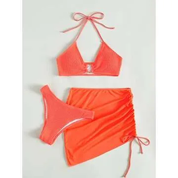 MakeMeChic Women's 3 Piece Bathing Suits Halter Ring Bikini Set with Cover Up Skirt Coral Orange S