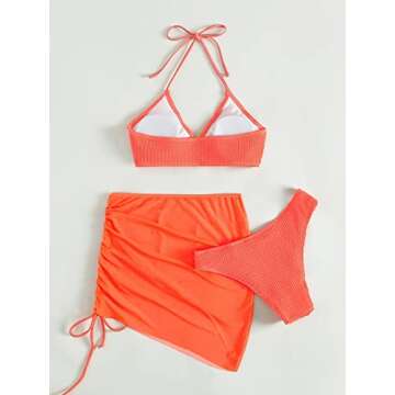 MakeMeChic Women's 3 Piece Bathing Suits Halter Ring Bikini Set with Cover Up Skirt Coral Orange S