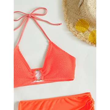 MakeMeChic Women's 3 Piece Bathing Suits Halter Ring Bikini Set with Cover Up Skirt Coral Orange S
